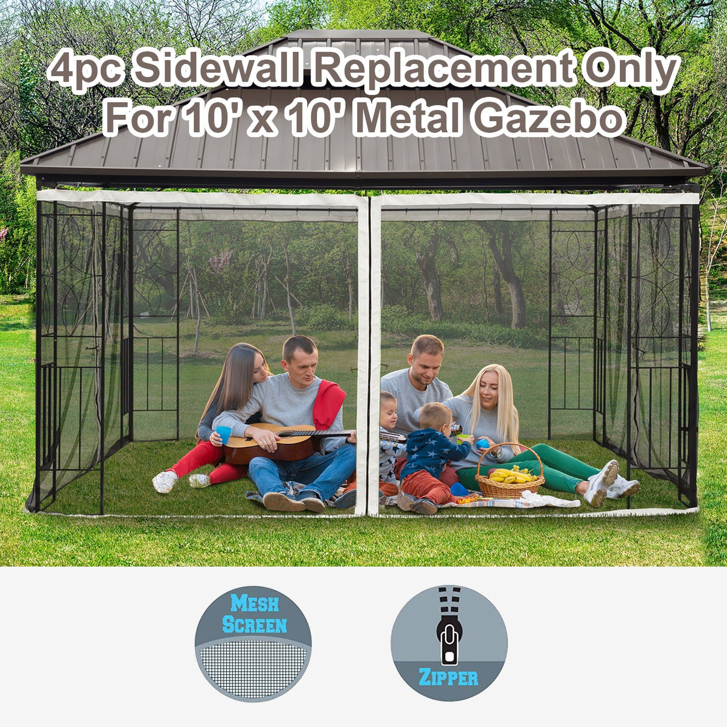 10x10 Gazebo With Netting, Canopy Tents With Zippers, Black Rings, High-quality Polyester, Washable, Sidewall Only Black