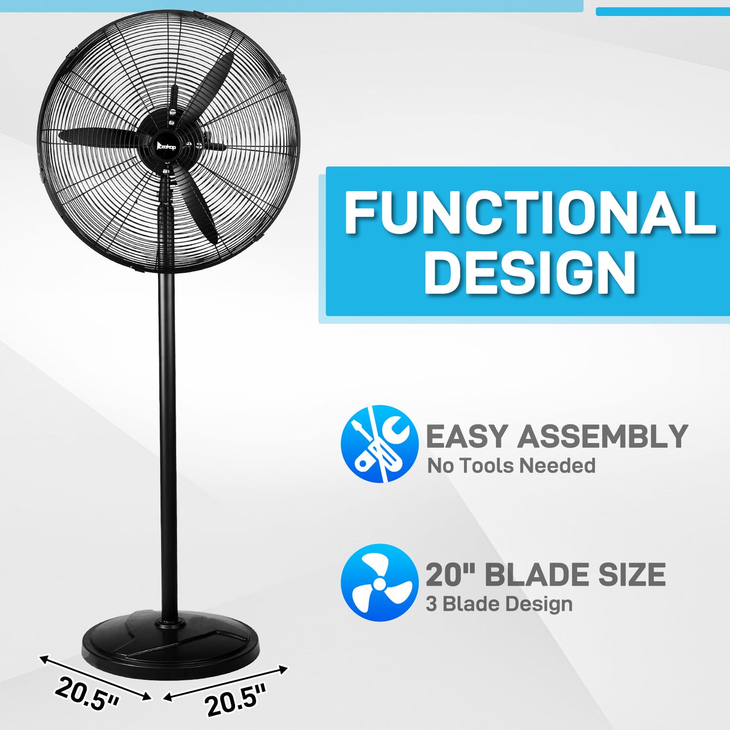 US MFJ-E50 Electric Fan, 20 Inches, Three-leaf Aluminum Fan, Industrial Floor Fan