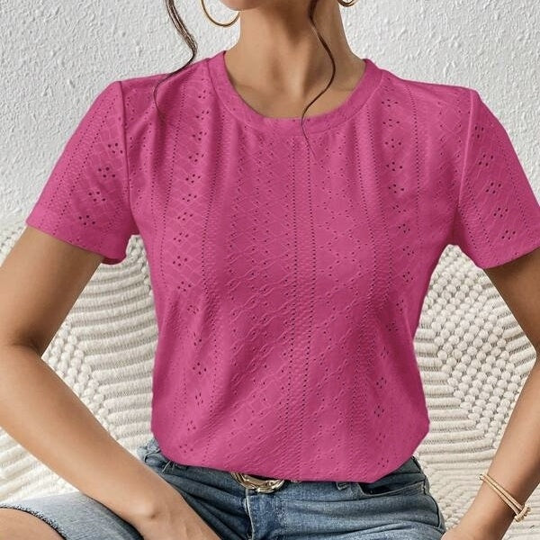 Women's Solid Color Mesh Embroidery Versatile Casual Style Loose Fit Round Neck T-shirt Top