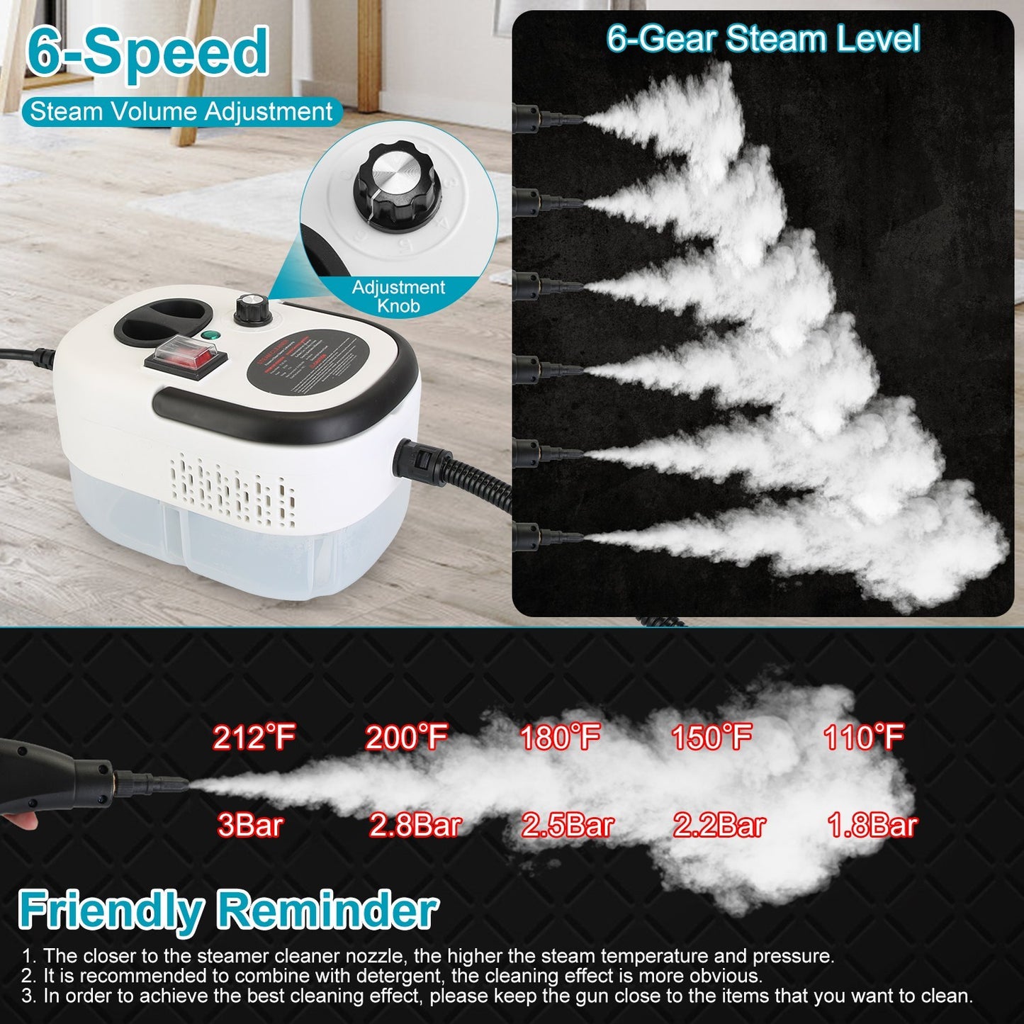 2500W Handheld Steamer Cleaner Multifunctional Little Steamer Powerful High Temp Steam Clean Machine For Cleaning Car Detailing Couch Floor Tile Microwave Mattress Bed Bugs Windows