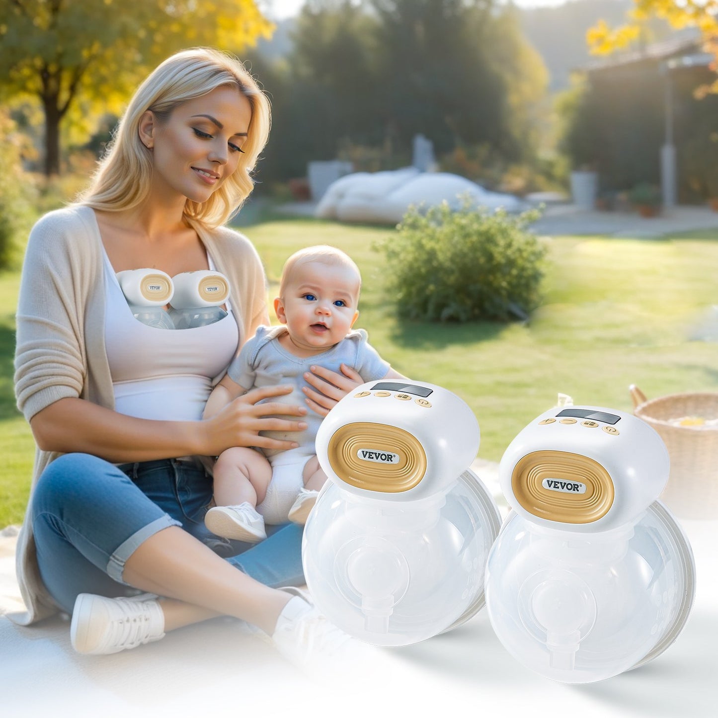 VEVOR BreastPump, Wearable Electric Breast Pumps Hands Free, 4 Mode 12 Levels, 300mmHg Strong Suction, Ultra-Quiet Rechargeable Portable BreastfeedingPump With LED Display, 24mm Insert 28mm Flange