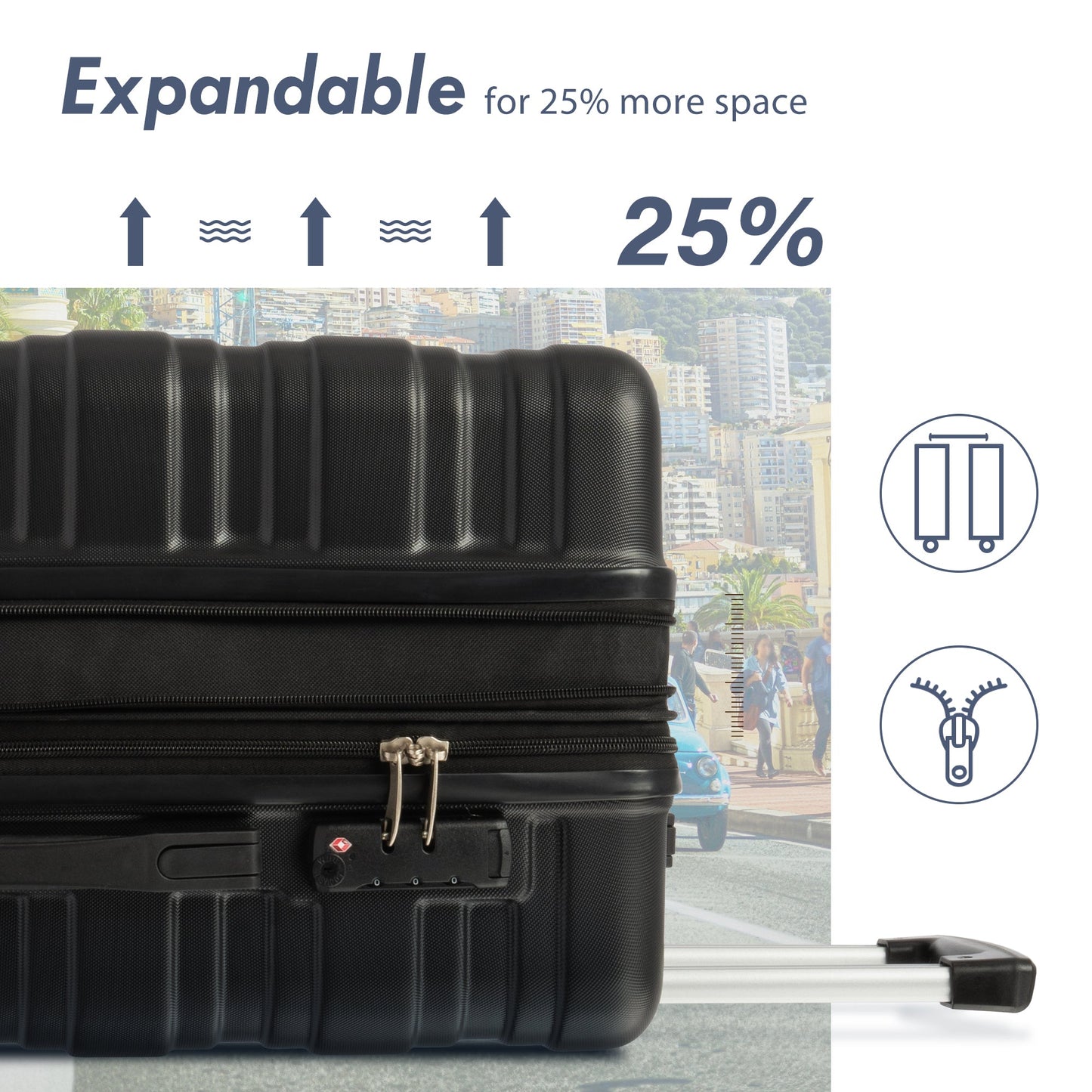 Hardshell Luggage Sets 3 Pcs Spinner Suitcase with TSA Lock Lightweight 20''24''28'' Black + ABS