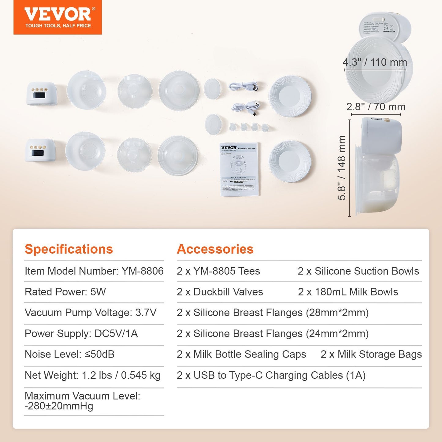 VEVOR BreastPump, Wearable Electric Breast Pumps Hands Free, 4 Mode 12 Levels, 300mmHg Strong Suction, Ultra-Quiet Rechargeable Portable BreastfeedingPump With LED Display, 24mm Insert 28mm Flange