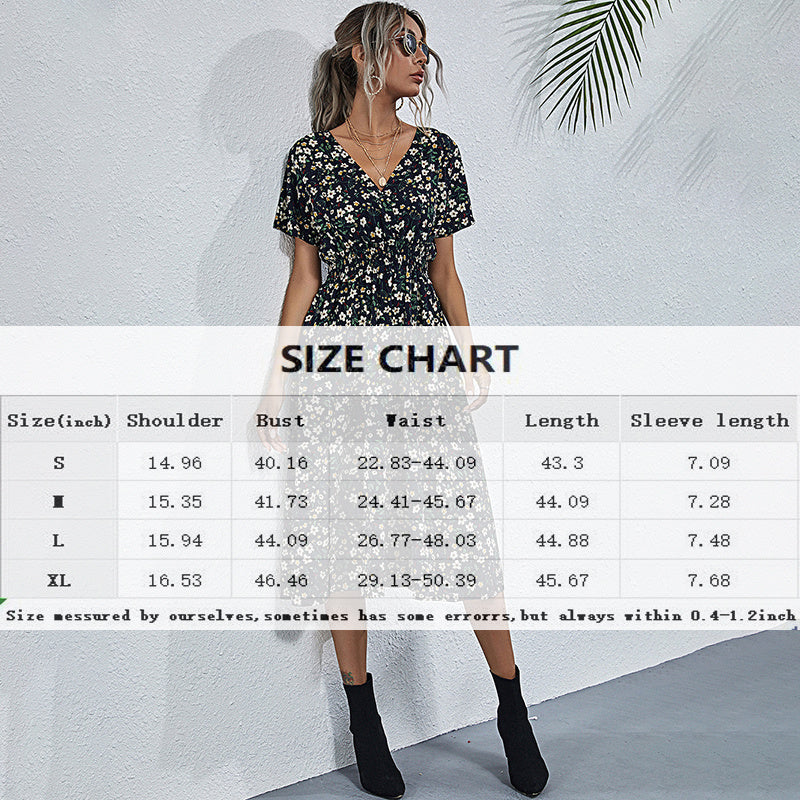 Women's V-Neck Floral Print Dress - A-Line Waisted Summer Maxi Dress