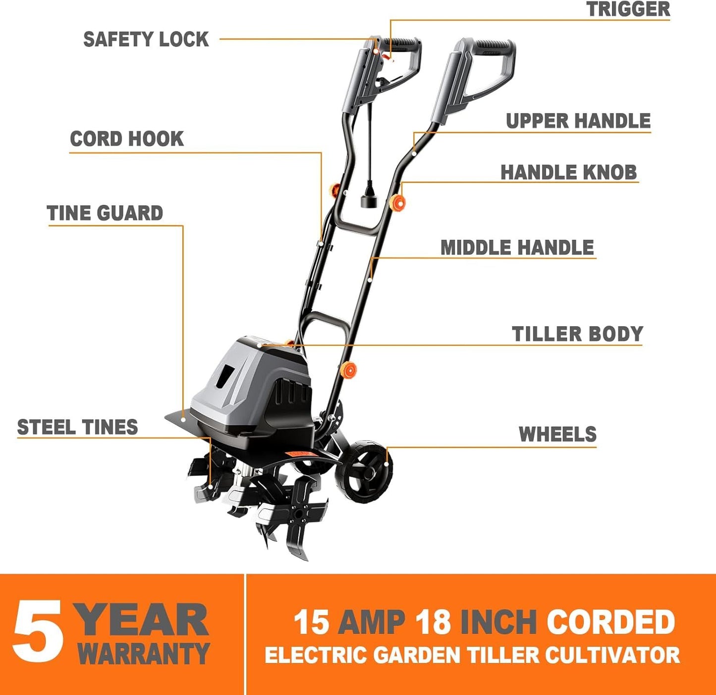 Electric Garden Cultivator, 15 Amp, Rope Spinner With Adjustable Wheels And Foldable Handle And Safety Switch For Soil Cultivation