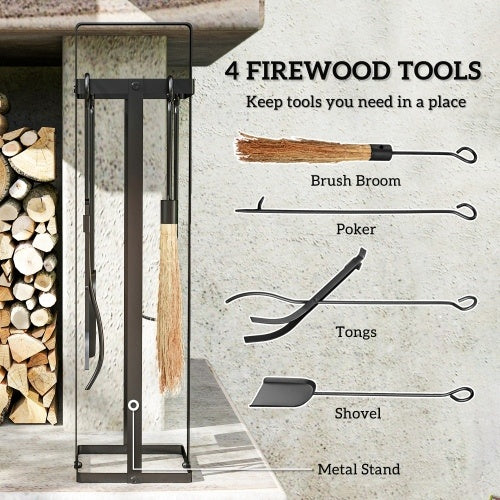 Outsunny Fireplace Tools Set Indoor Outdoor 5 Piece Heavy Duty Metal Fireplace Accessories Set With Brush Broom, Poker, Shovel, Tongs And Stand For Chimney, Black On-Site