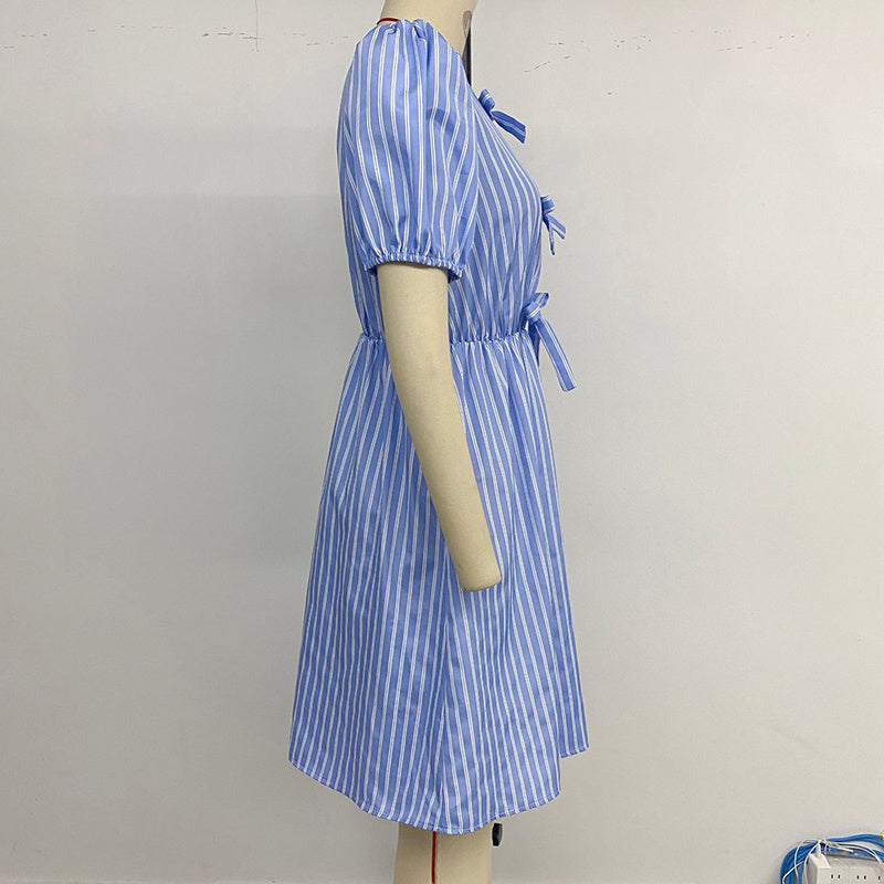 Women's Striped Tie Front Puff Sleeve Summer Casual Mini Dresses Loose Flowy Sundress