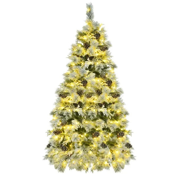 6FT Pre-Lit Spruce Snow Flocked Christmas Tree With Pine Cones, Artificial Xmas Tree With 403 Branch Tips,Mixed PE PVC Branches, 250 Multi-Color LED Lights, 11 Flashing Modes, Holiday Decor