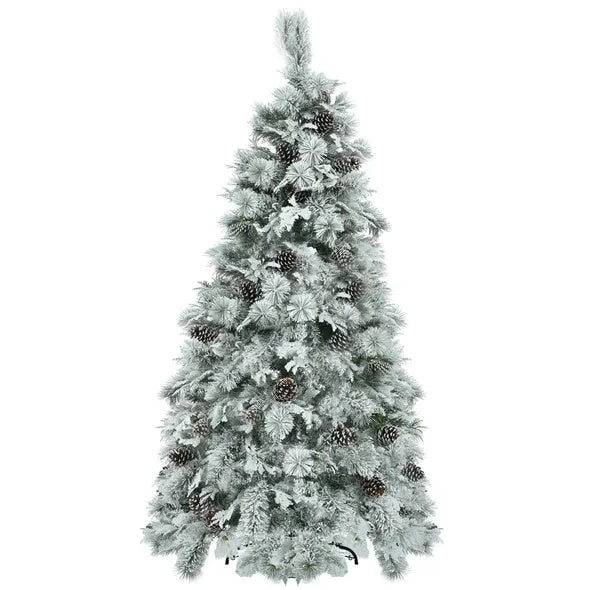 6FT Pre-Lit Spruce Snow Flocked Christmas Tree With Pine Cones, Artificial Xmas Tree With 403 Branch Tips,Mixed PE PVC Branches, 250 Multi-Color LED Lights, 11 Flashing Modes, Holiday Decor