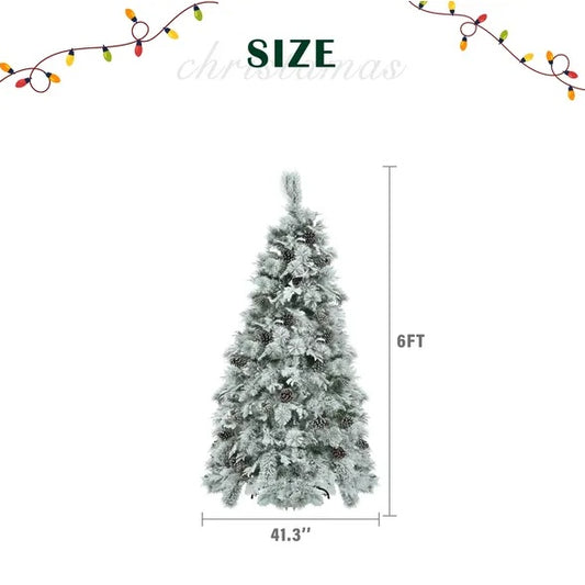 6FT Pre-Lit Spruce Snow Flocked Christmas Tree With Pine Cones, Artificial Xmas Tree With 403 Branch Tips,Mixed PE PVC Branches, 250 Multi-Color LED Lights, 11 Flashing Modes, Holiday Decor