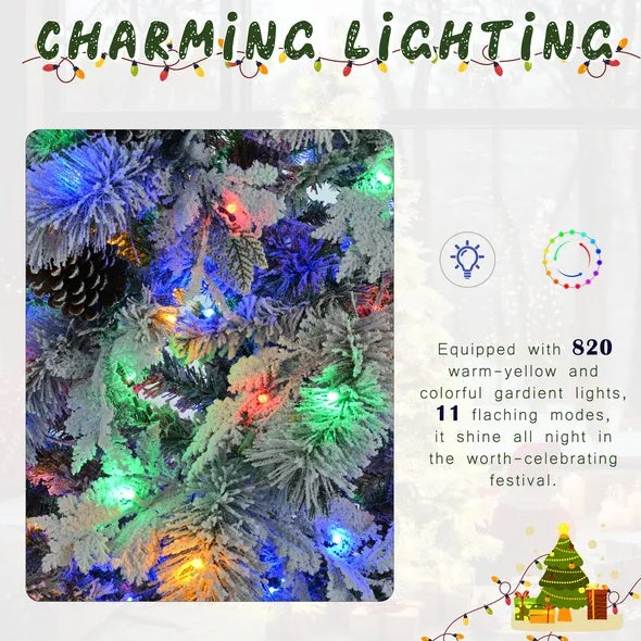 6FT Pre-Lit Spruce Snow Flocked Christmas Tree With Pine Cones, Artificial Xmas Tree With 403 Branch Tips,Mixed PE PVC Branches, 250 Multi-Color LED Lights, 11 Flashing Modes, Holiday Decor