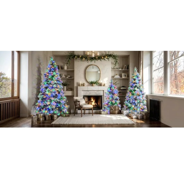 6FT Pre-Lit Spruce Snow Flocked Christmas Tree With Pine Cones, Artificial Xmas Tree With 403 Branch Tips,Mixed PE PVC Branches, 250 Multi-Color LED Lights, 11 Flashing Modes, Holiday Decor