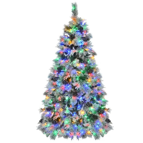 6FT Pre-Lit Spruce Snow Flocked Christmas Tree With Pine Cones, Artificial Xmas Tree With 403 Branch Tips,Mixed PE PVC Branches, 250 Multi-Color LED Lights, 11 Flashing Modes, Holiday Decor