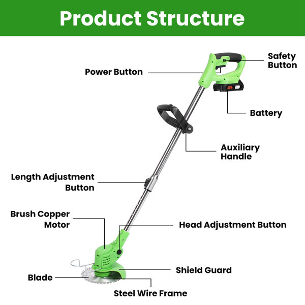4V 300W Cordless Grass Trimmer Rechargeable Lawn Mower 18000M-Min Weed Cutter With Saw Blade 2 Stainless Steel Blades 10 Plastic Blades 2 Rechargeable Batteries Goggles Gloves