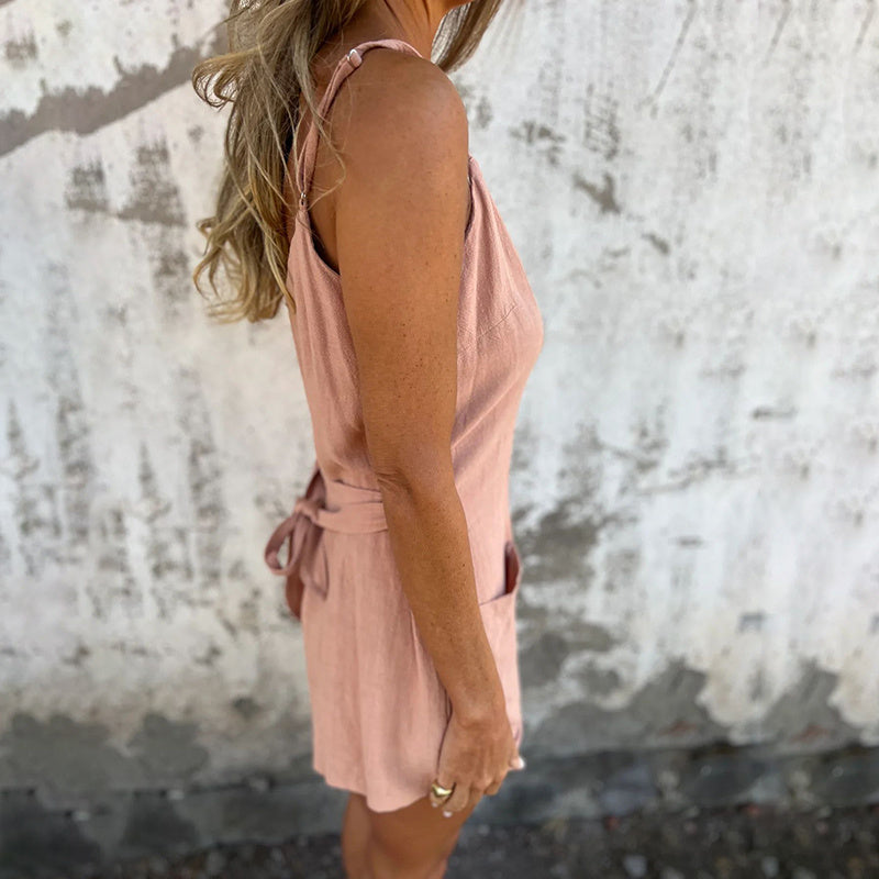 Womens Summer Casual Sleeveless Rompers Stylish Strappy Spaghetti Strap Loose Shorts Jumpsuit With Pockets