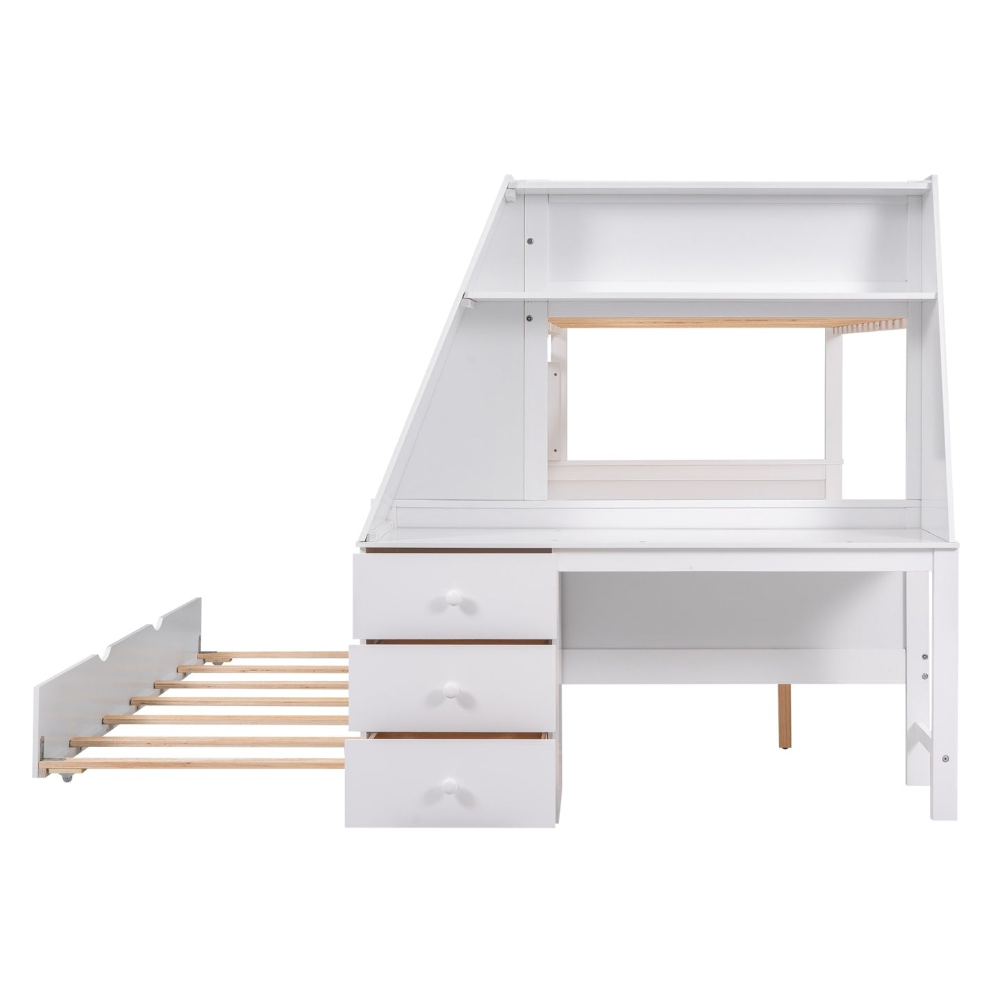 Twin Full Bunk Bed W Trundle, Desk, 3 Drawers Shelf - White
