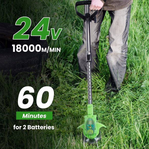 4V 300W Cordless Grass Trimmer Rechargeable Lawn Mower 18000M-Min Weed Cutter With Saw Blade 2 Stainless Steel Blades 10 Plastic Blades 2 Rechargeable Batteries Goggles Gloves