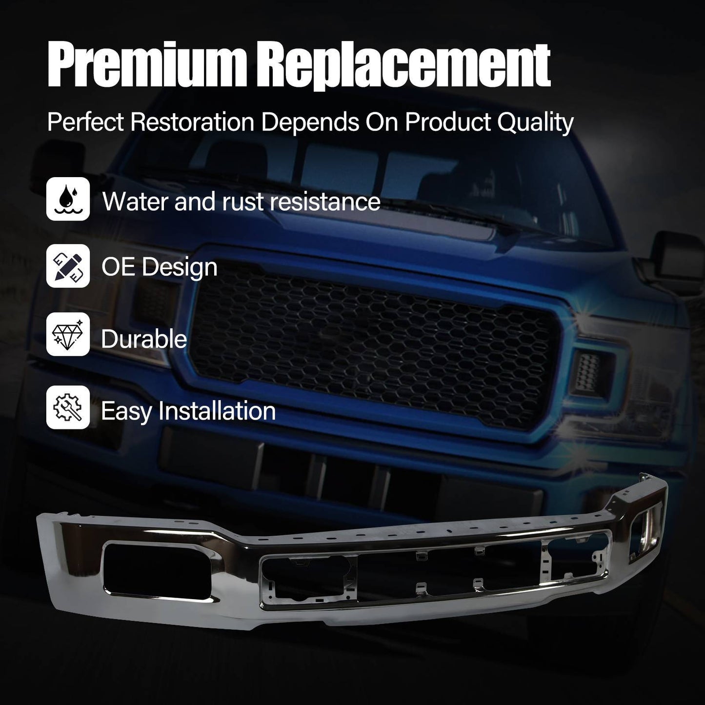 Premium Chrome Front Bumper For 2018-2020 Ford F-150 W Fog Light Holes