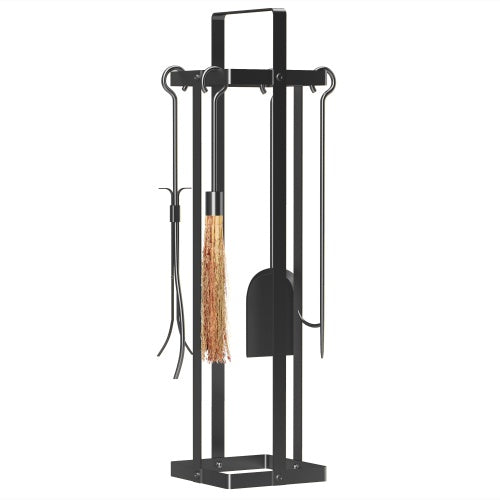 Outsunny Fireplace Tools Set Indoor Outdoor 5 Piece Heavy Duty Metal Fireplace Accessories Set With Brush Broom, Poker, Shovel, Tongs And Stand For Chimney, Black On-Site