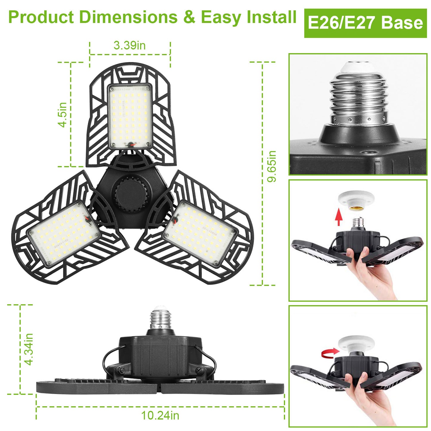 LED Garage Light E26 E27 80W 7000LM 6500K Garage Ceiling Light Deformable Workshop Lamp Die Cast Aluminum LED Ceiling Light Bulbs With 3 Adjustable Panels For Barn Shop Warehouse Workshop C
