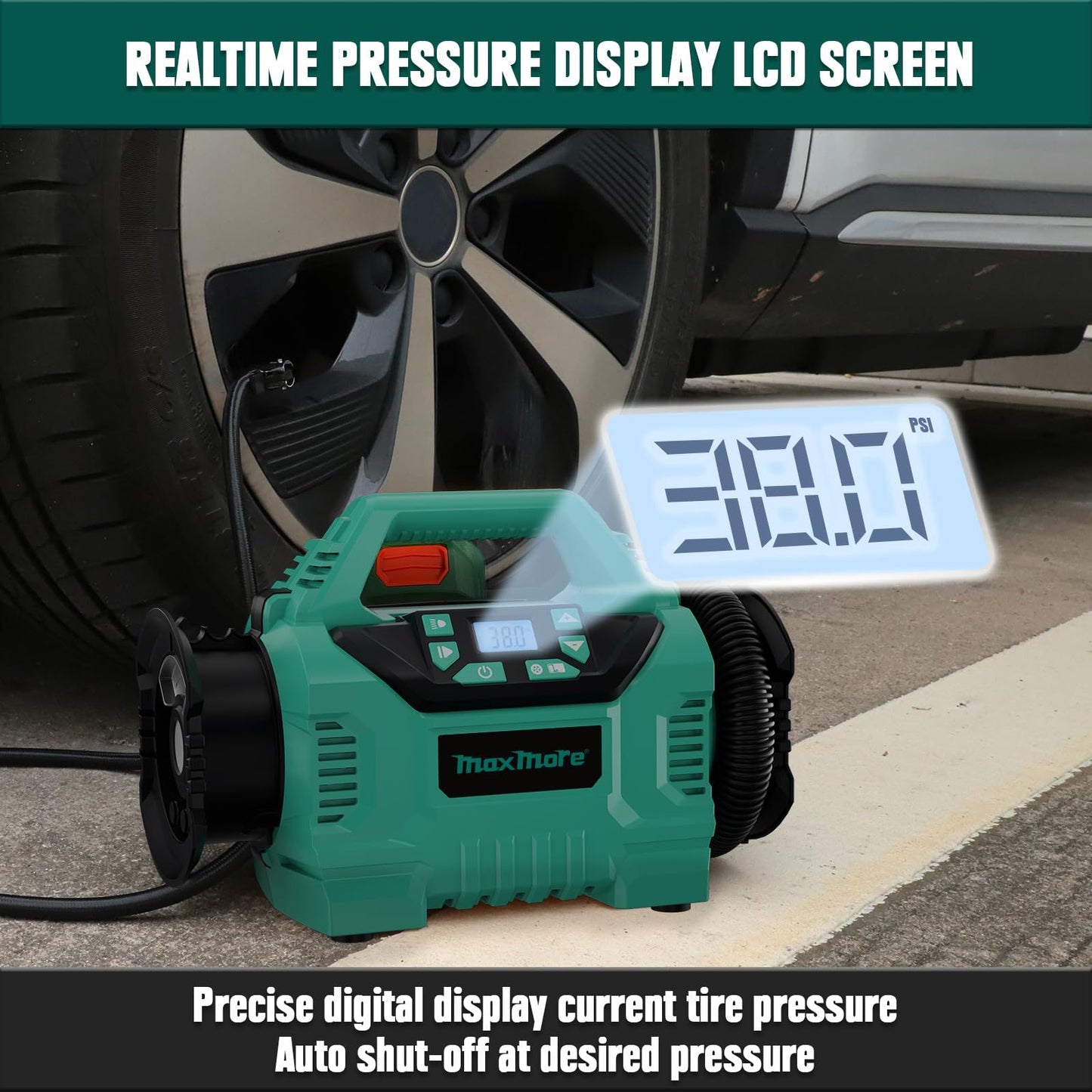 Cordless Tire Inflator Compatible With Makita 18V Battery, 160 PSI Portable High Pressure Air Compressor With 1 X 18V 2.0Ah Battery And Fast Charging Charger, Digital Meter, Auto Shut-Off, LED Light