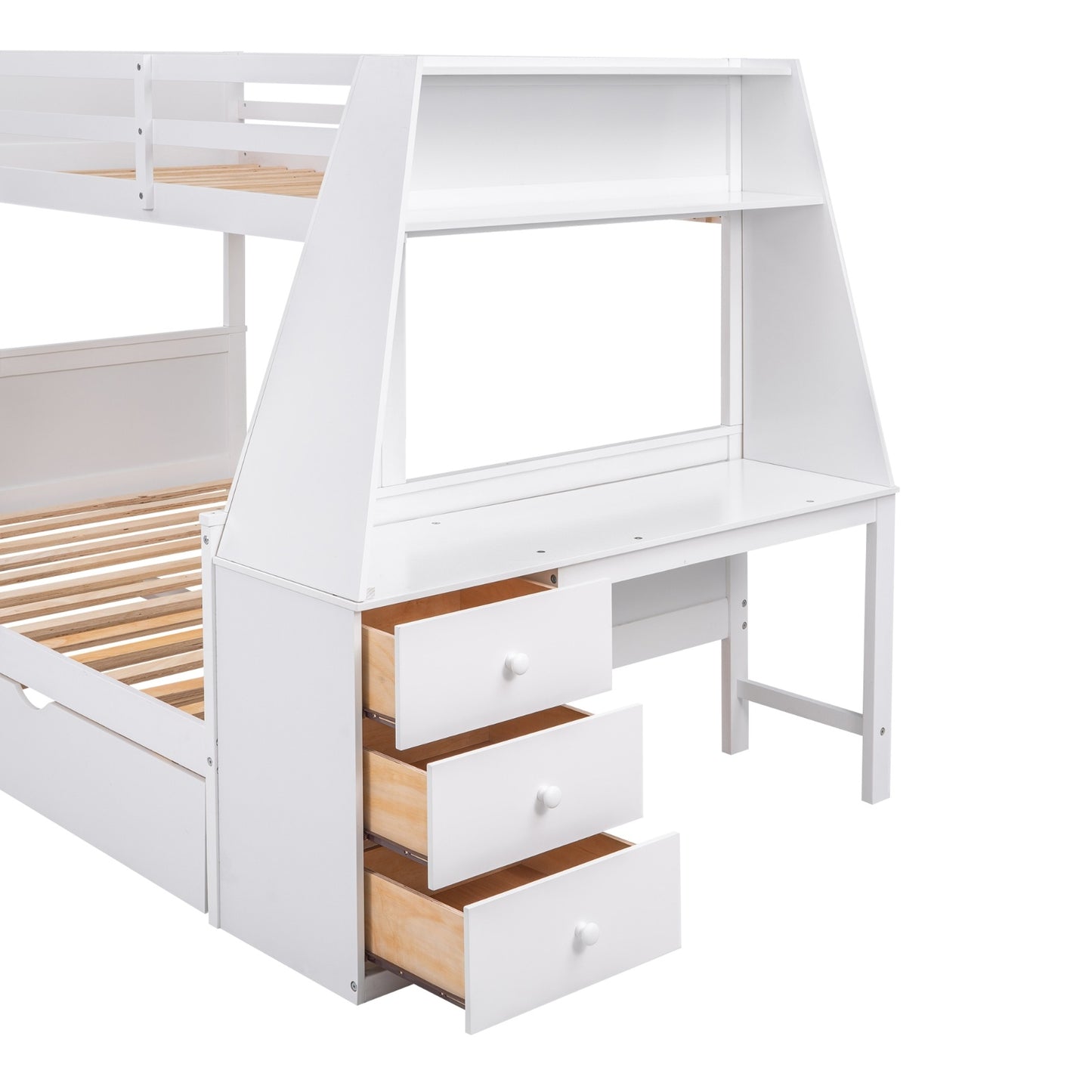 Twin Full Bunk Bed W Trundle, Desk, 3 Drawers Shelf - White