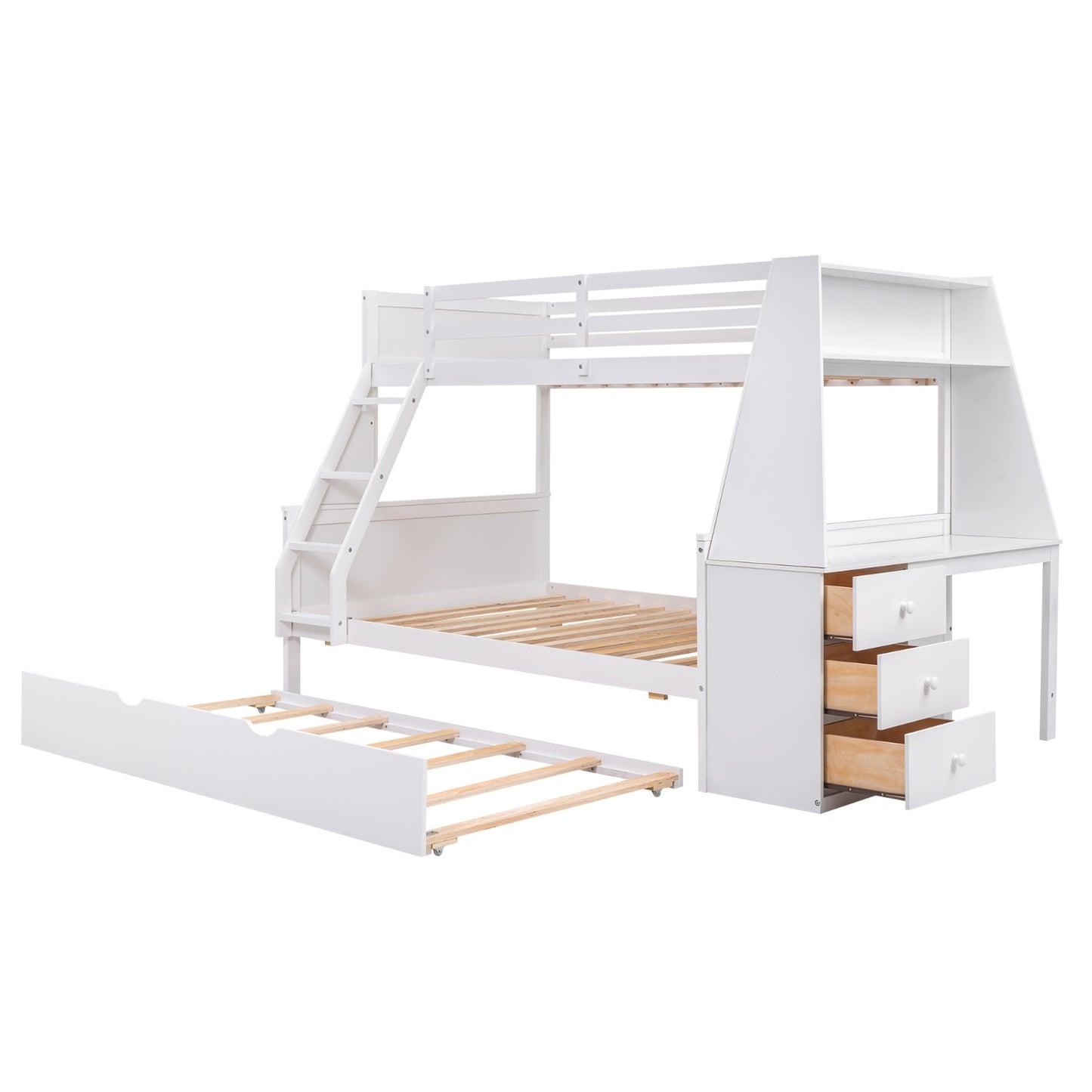 Twin Full Bunk Bed W Trundle, Desk, 3 Drawers Shelf - White