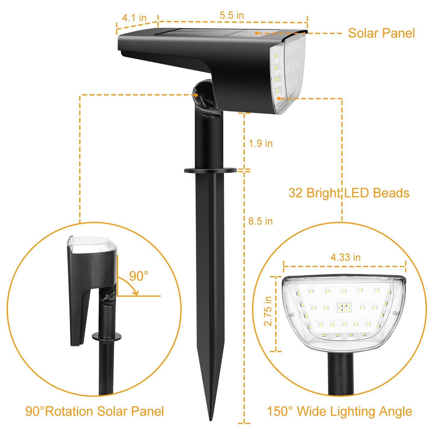 2Pcs 32 LEDs Solar Landscape Spotlights IP65 Waterproof With 3 Modes For Yard Garden Driveway Porch Walkway Pool Patio