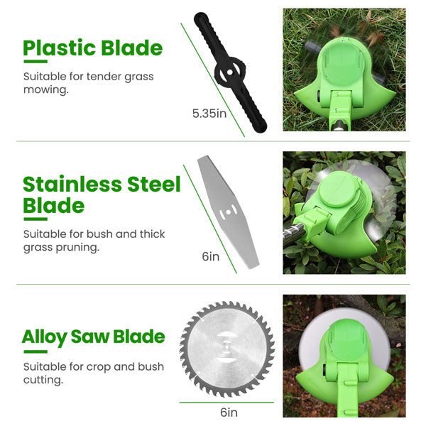 4V 300W Cordless Grass Trimmer Rechargeable Lawn Mower 18000M-Min Weed Cutter With Saw Blade 2 Stainless Steel Blades 10 Plastic Blades 2 Rechargeable Batteries Goggles Gloves