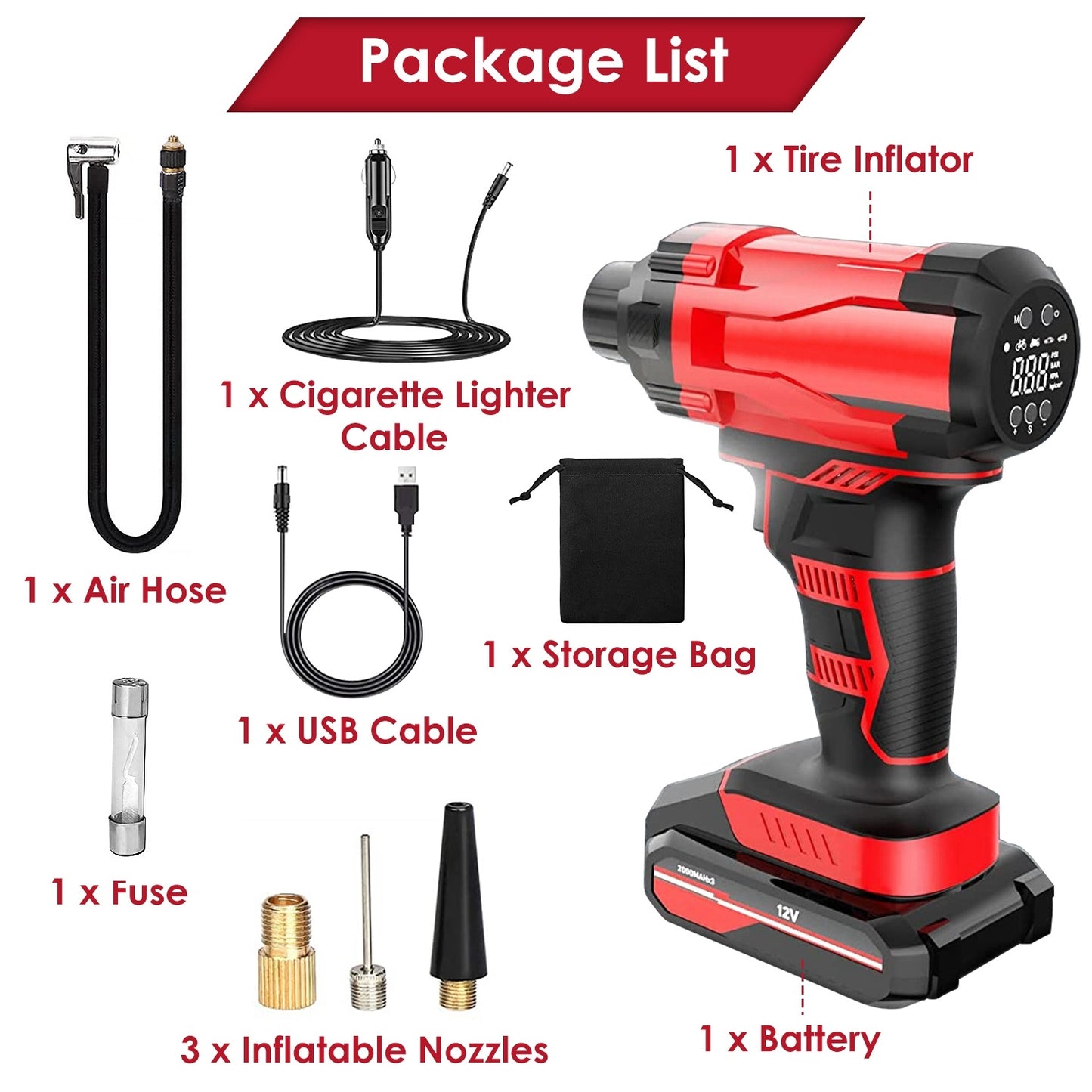 1Pc 150PSI Cordless Car Tire Inflator Rechargeable 2V Portable Electric Air Compressor With LED Light For Car Bike Motorcycle Ball