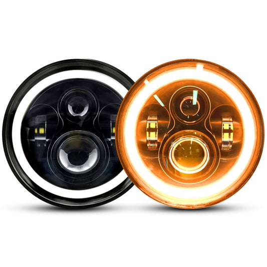 2Pc 7in 6000LM Round LED Headlight Halo Angel Eyes For Jeep Wrangler TJ JK CJ With H4 To H13 Adapter Plug And Play