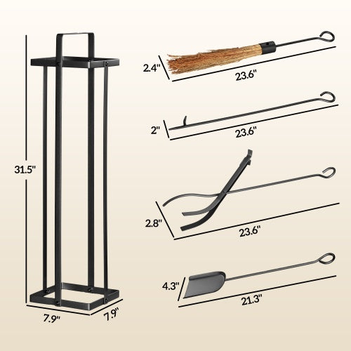 Outsunny Fireplace Tools Set Indoor Outdoor 5 Piece Heavy Duty Metal Fireplace Accessories Set With Brush Broom, Poker, Shovel, Tongs And Stand For Chimney, Black On-Site