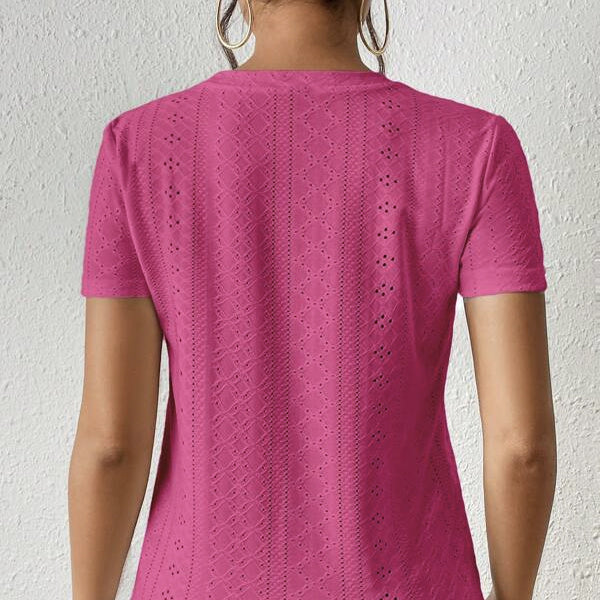 Women's Solid Color Mesh Embroidery Versatile Casual Style Loose Fit Round Neck T-shirt Top