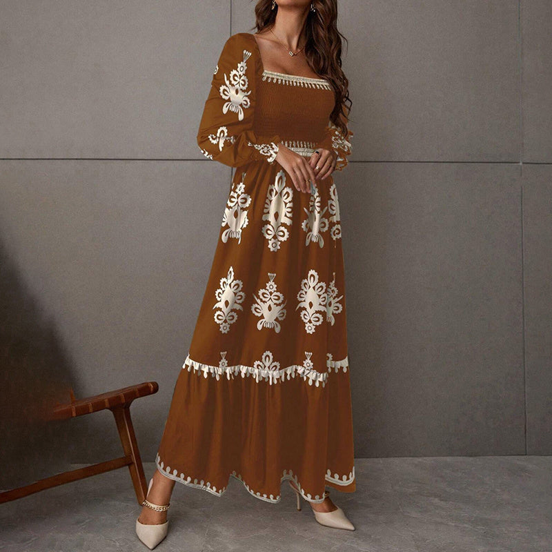 Elegant Women's Retro Geometric Print Lantern Sleeve Dress - Square Neck A-Line With Elastic Cuffs, Casual & Formal Dress