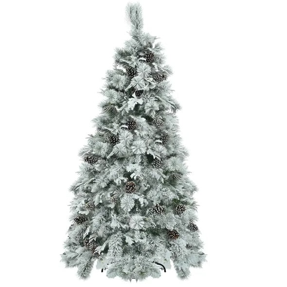 6FT Pre-Lit Spruce Snow Flocked Christmas Tree With Pine Cones, Artificial Xmas Tree With 403 Branch Tips,Mixed PE PVC Branches, 250 Multi-Color LED Lights, 11 Flashing Modes, Holiday Decor