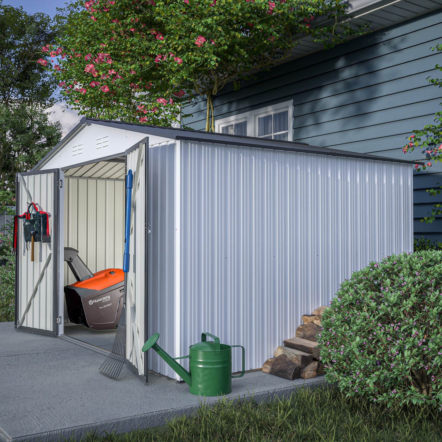 10X8 FT Outdoor Storage Shed, All Weather Metal Sheds With Lockable Doors, Tool Shed For Garden, Patio, Backyard, Lawn, White