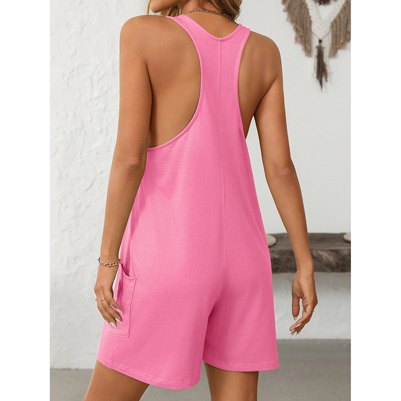 Womens Summer Casual Loose Tank Romper Sleeveless Scoop Neck Jumpsuit Shorts Romper With Pockets
