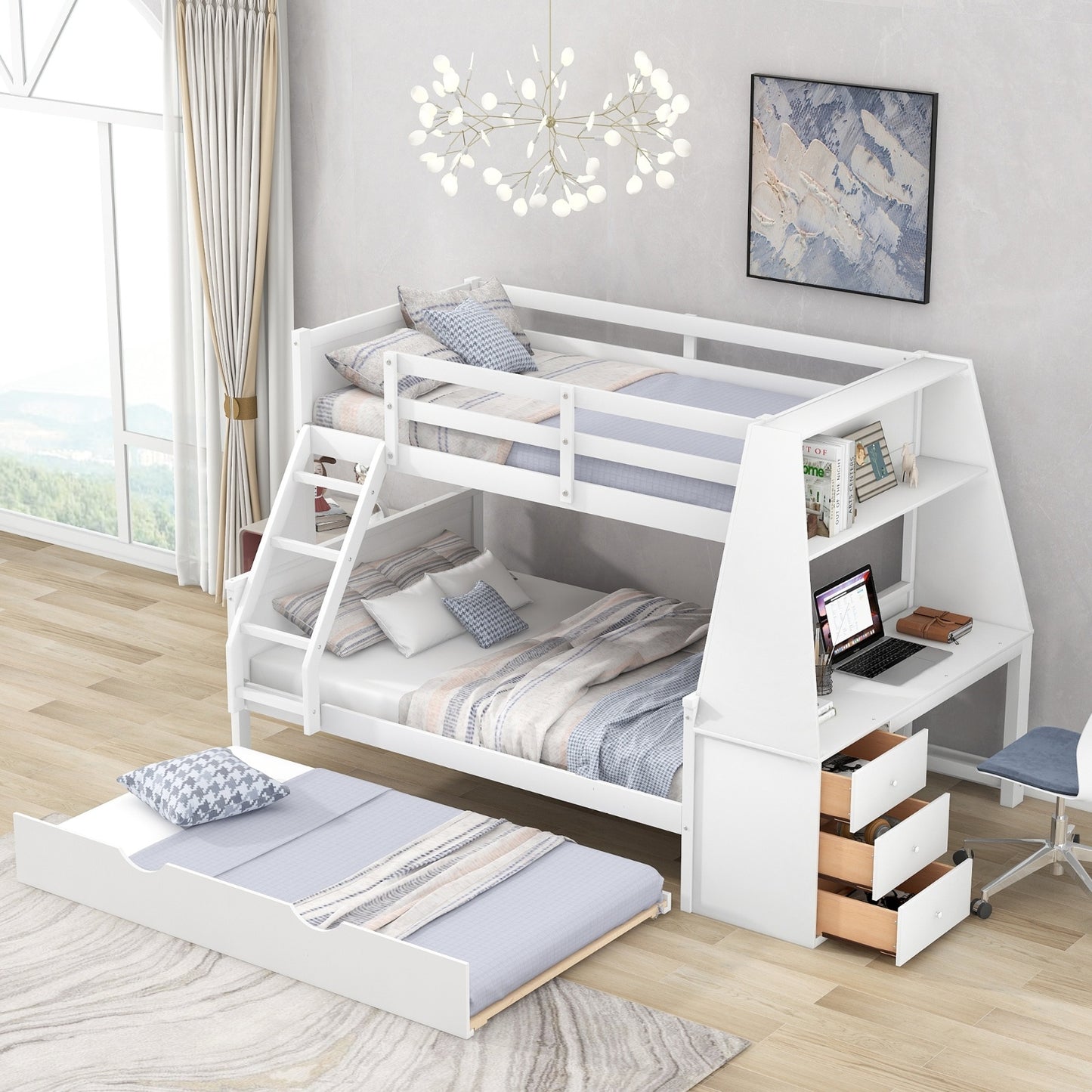 Twin Full Bunk Bed W Trundle, Desk, 3 Drawers Shelf - White