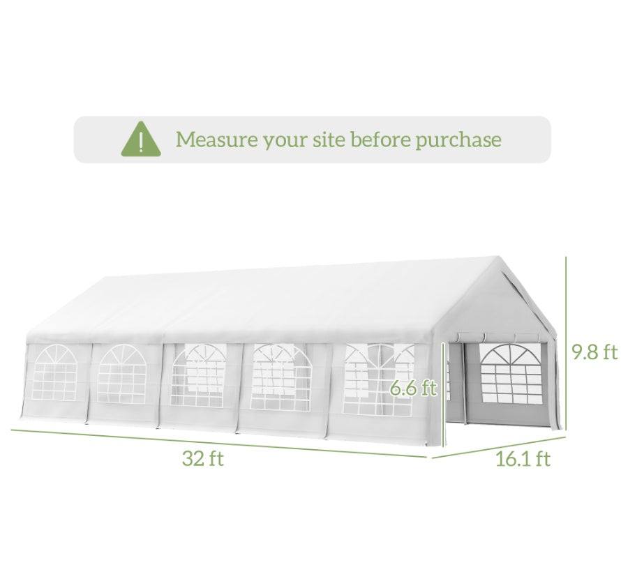 32x16 Outdoor Canopy Tent, Heavy Duty Carport With Cathedral Window, Removable Sidewalls, White, For Party, Wedding Tent