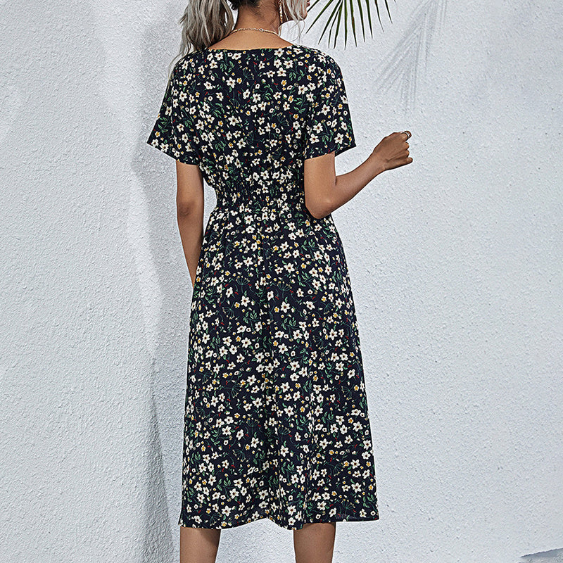 Women's V-Neck Floral Print Dress - A-Line Waisted Summer Maxi Dress