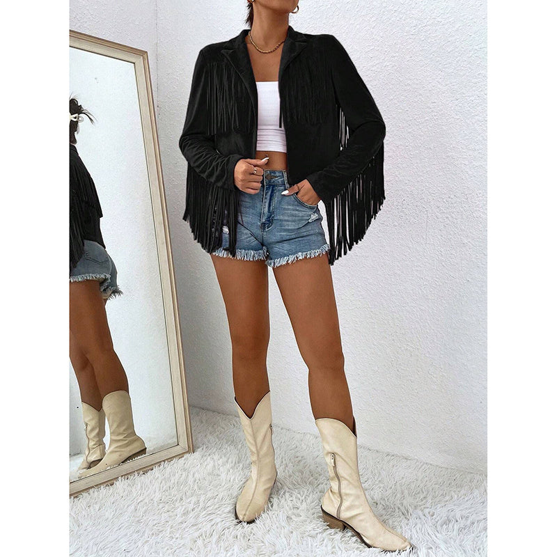 Women's Fringe Jackets, Western Cowgirl Faux Suede Leather Jacket Tassel Motorcycle Cropped Coats