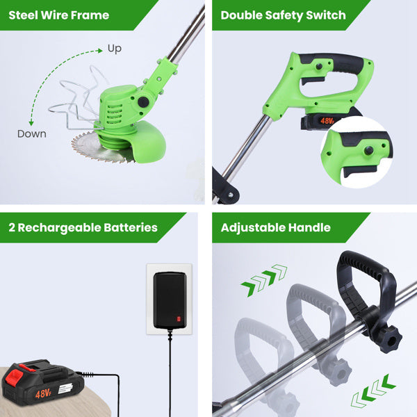 4V 300W Cordless Grass Trimmer Rechargeable Lawn Mower 18000M-Min Weed Cutter With Saw Blade 2 Stainless Steel Blades 10 Plastic Blades 2 Rechargeable Batteries Goggles Gloves