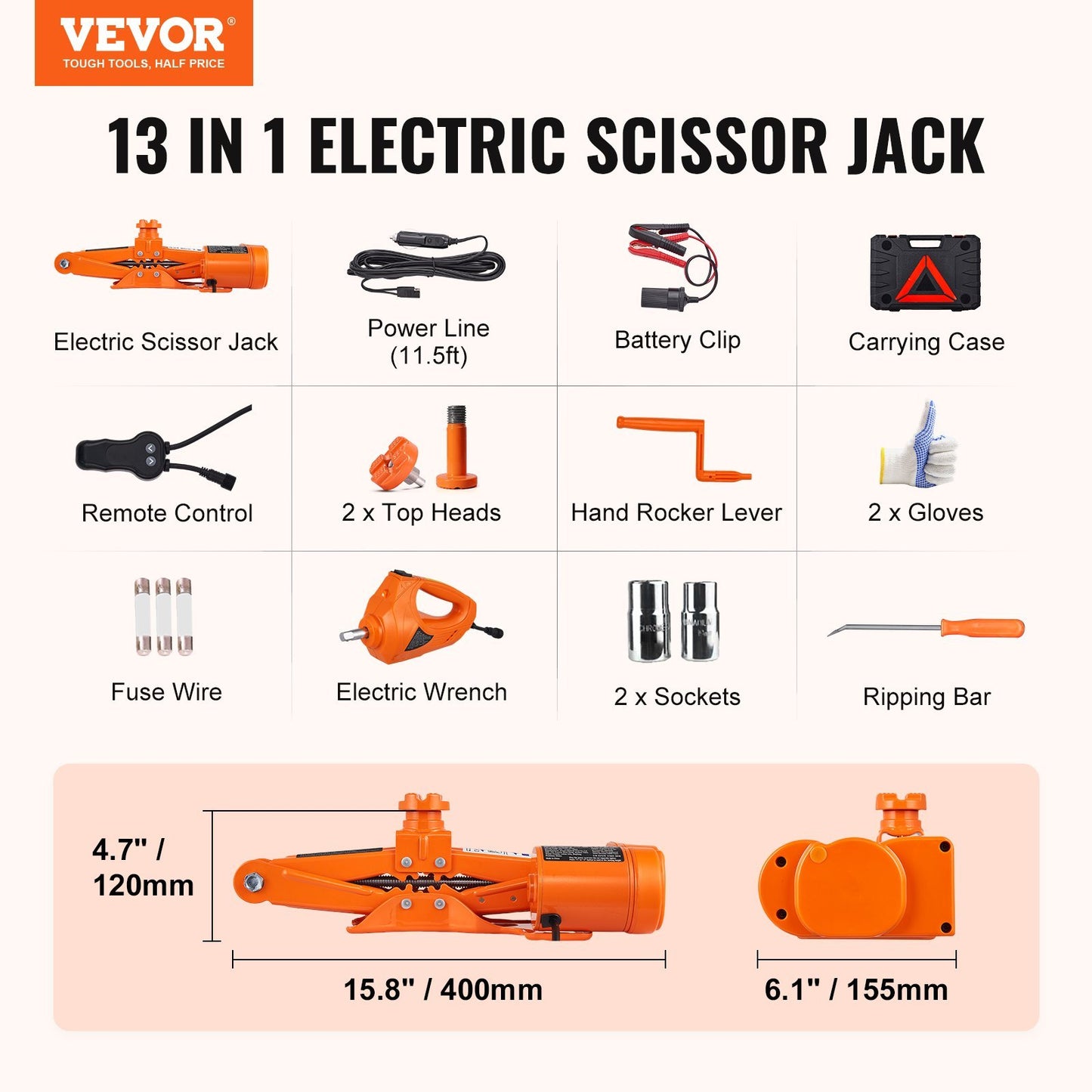 VEVOR Electric Car Jack, 3 Tons 6600 Lbs Scissor Jack With Electric Impact Wrench, 12V Car Jack With Double Saddles With Remote Control, Portable Car Jack Lifting For Sedan, SUV, Truck Tire Change