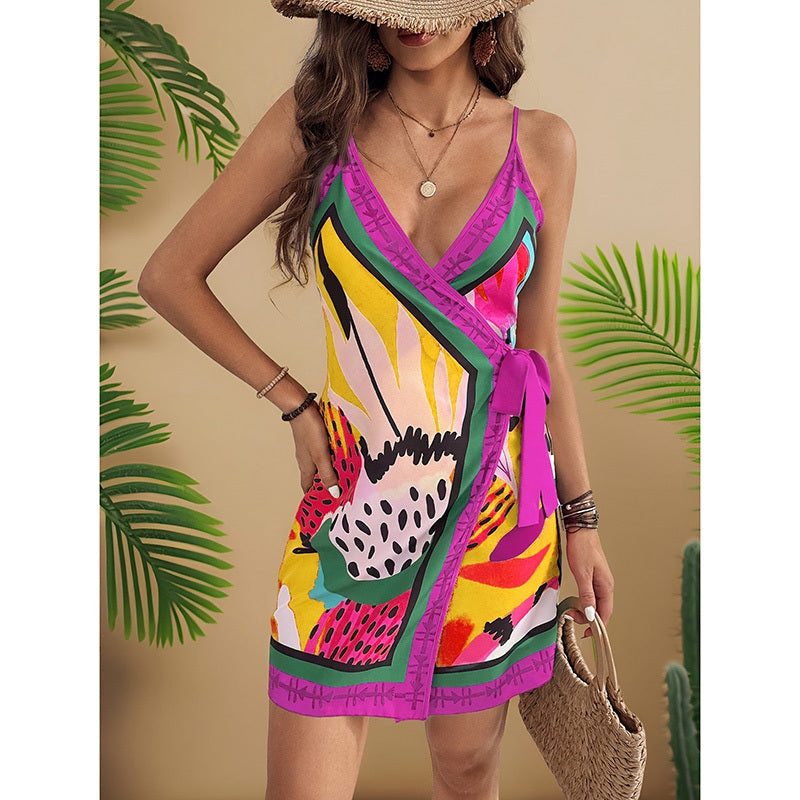 Women Spaghetti Strap Summer Dress V Neck Wrap Waist Tie Casual Beach Sundress Holiday Vacation Mini Dress