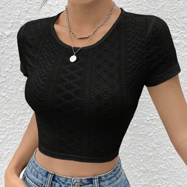 Ladies' Solid Color Fabric With Hollowed Out Patterns, Knitted Back And Tied Round Neck, Fashionable And Versatile, Showing Off Figure T-shirt Top