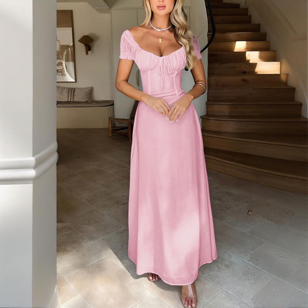Women's Bohemian Backless Maxi Dress Flowy Ruffled Beach Dress With Adjustable Belt Summer Vacation Boho Dress For Casual Outings
