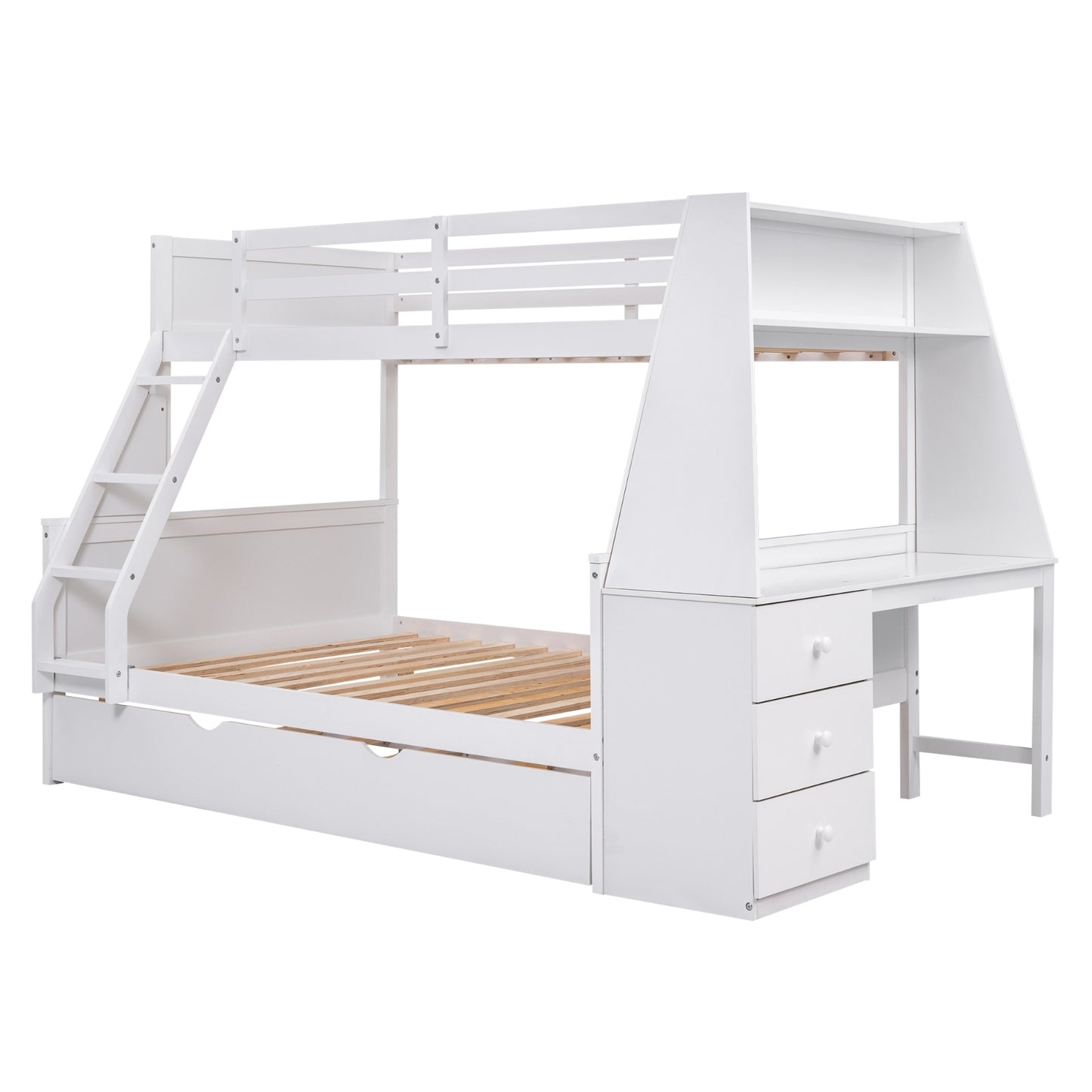 Twin Full Bunk Bed W Trundle, Desk, 3 Drawers Shelf - White