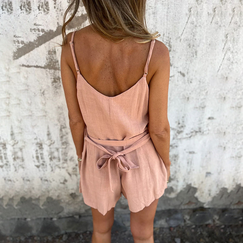 Womens Summer Casual Sleeveless Rompers Stylish Strappy Spaghetti Strap Loose Shorts Jumpsuit With Pockets