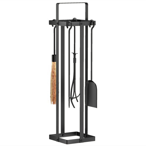 Outsunny Fireplace Tools Set Indoor Outdoor 5 Piece Heavy Duty Metal Fireplace Accessories Set With Brush Broom, Poker, Shovel, Tongs And Stand For Chimney, Black On-Site