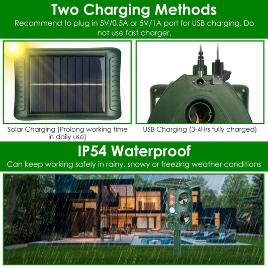 Solar Ultrasonic Animal Repeller Solar Powered Animal Repellent Chaser With PIR Motion Sensor IP54 Waterproof Sound Flashing Light For Deer Raccoon Squirrel Mice Snakes Cat Dog